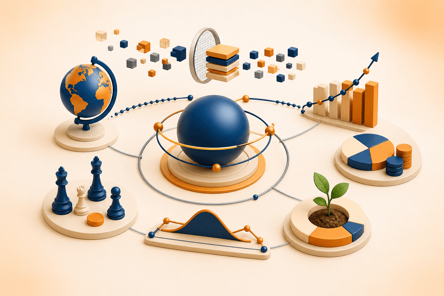 Educational illustration for Smart Beta, showing core-satellite design, factor filters, global diversification, and advanced allocation tools.