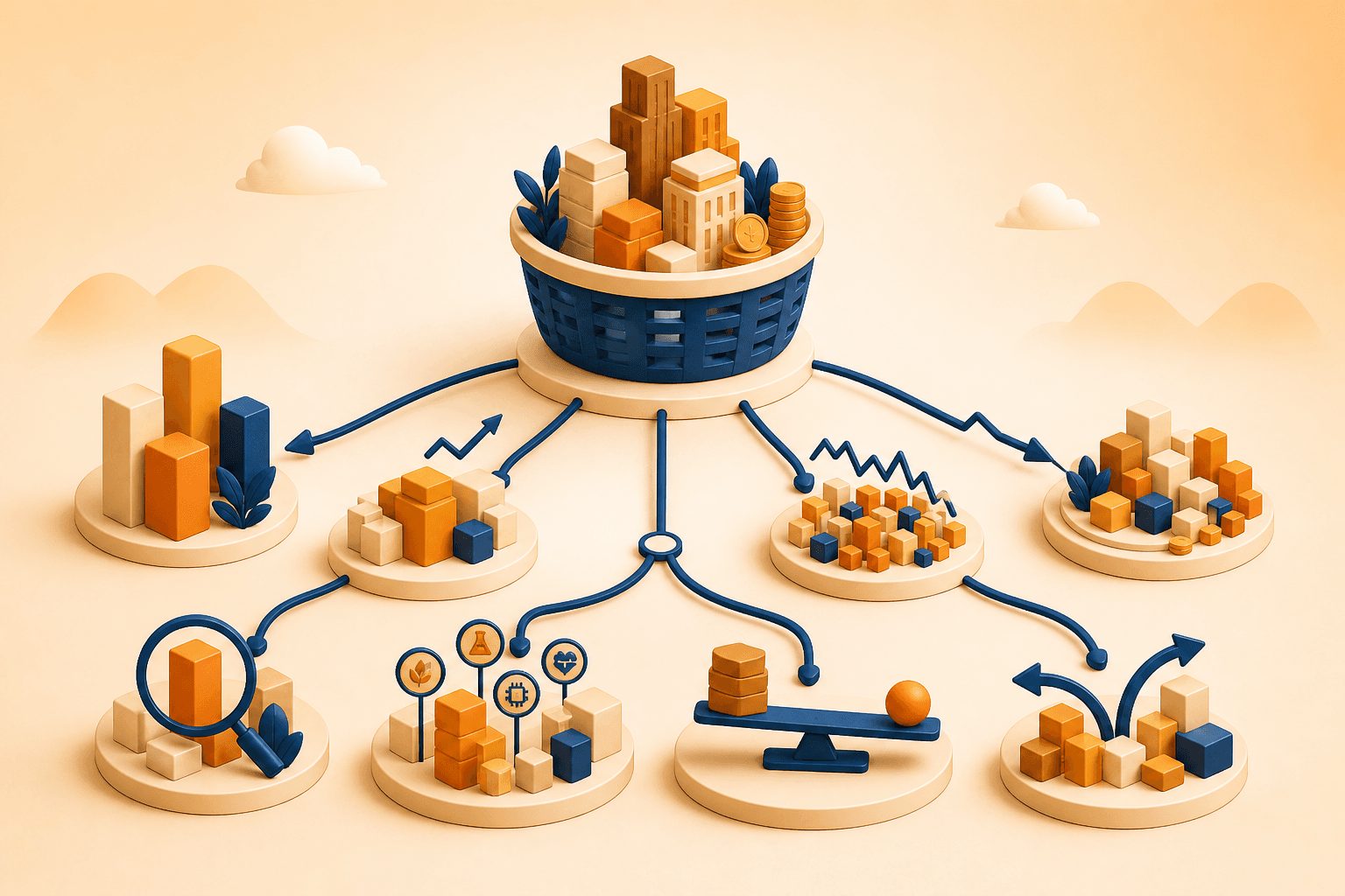 Educational illustration for Multi Cap, showing equity portfolios grouped by company size, concentration, sector, and investment style.
