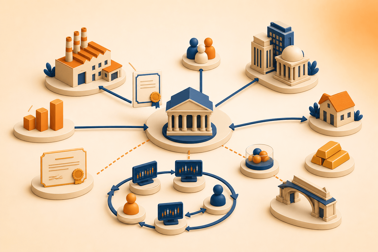 Educational illustration for Bonds, showing capital-market participants, primary and secondary activity, and distinct asset classes.