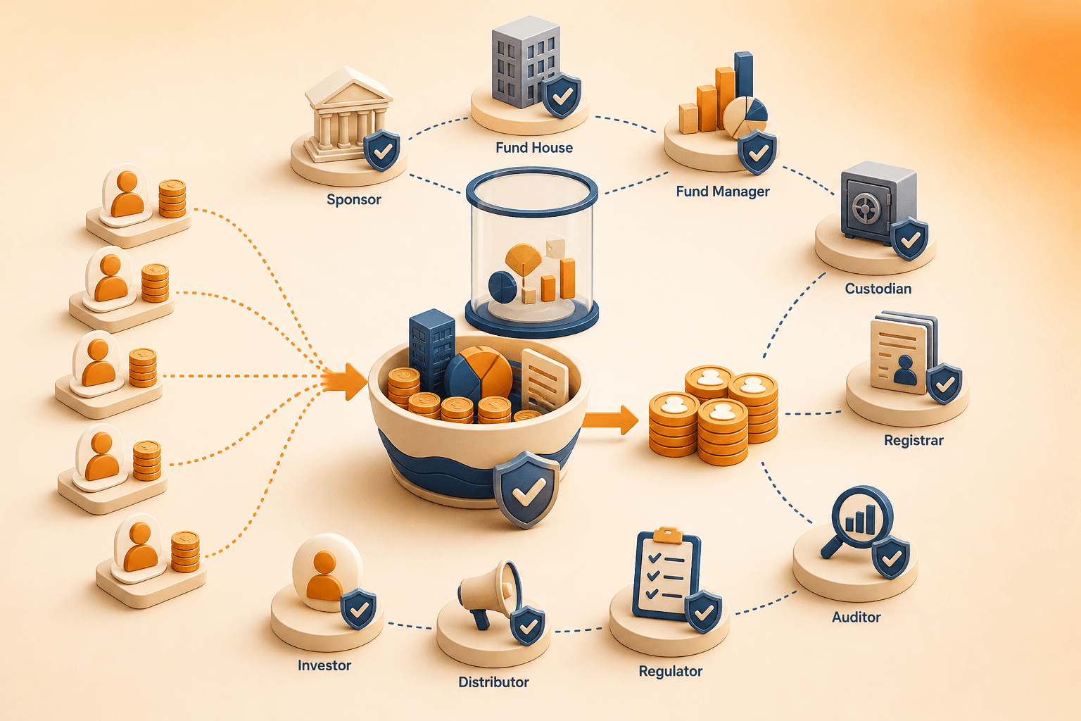 Educational illustration for Trustee, showing pooled investor money, fund units, valuation, safekeeping, records, and separated oversight roles.