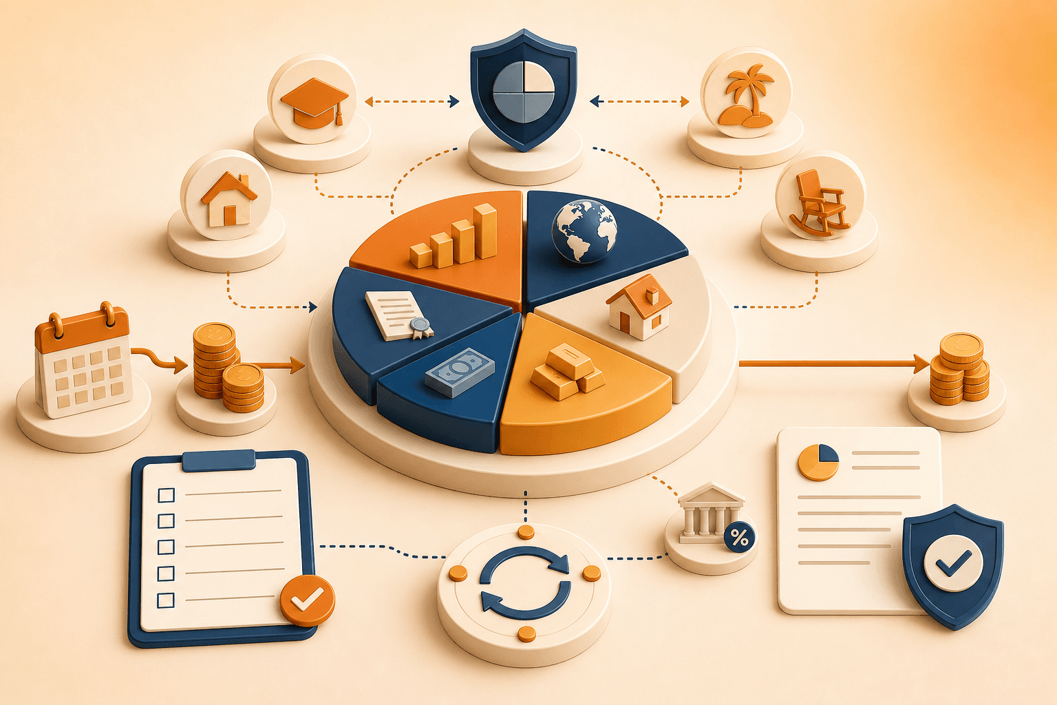 Educational illustration for Aggressive Portfolio, showing asset allocation connected to risk, goals, cash flows, and periodic portfolio review.