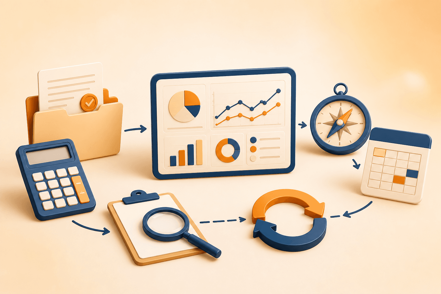 Educational illustration for Fund Factsheets, showing factsheets, calculators, portfolio tracking, goal planning, and evidence-based review tools.