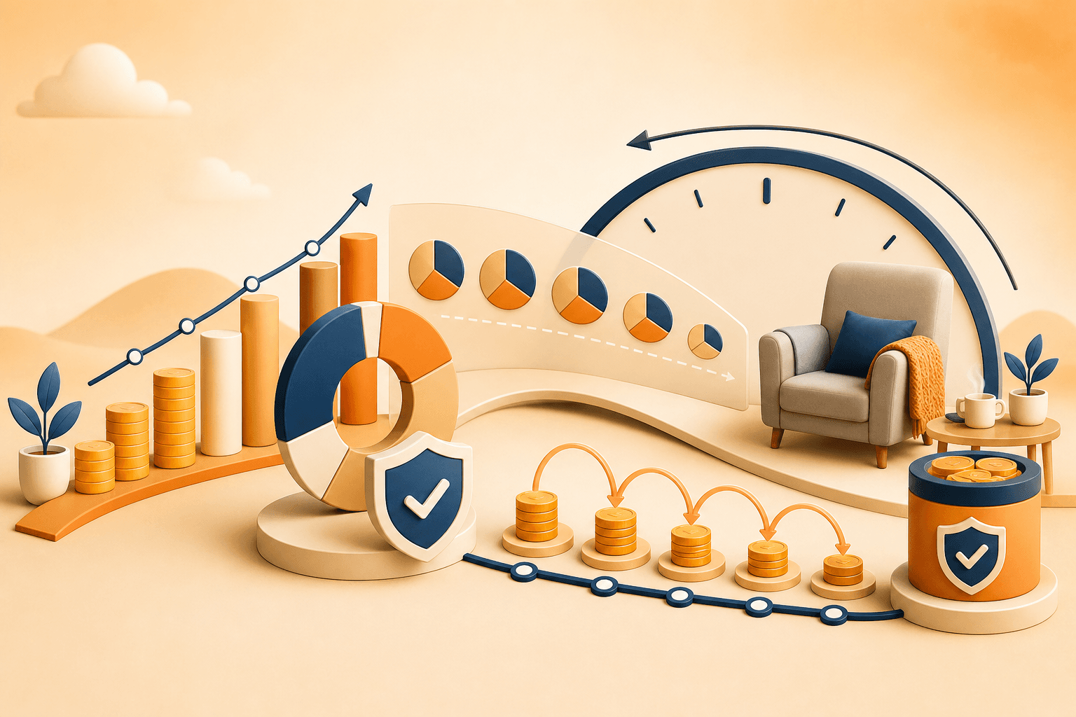 Educational illustration for Inflation Impact, showing retirement accumulation, age-based allocation, inflation, longevity, and controlled withdrawals.