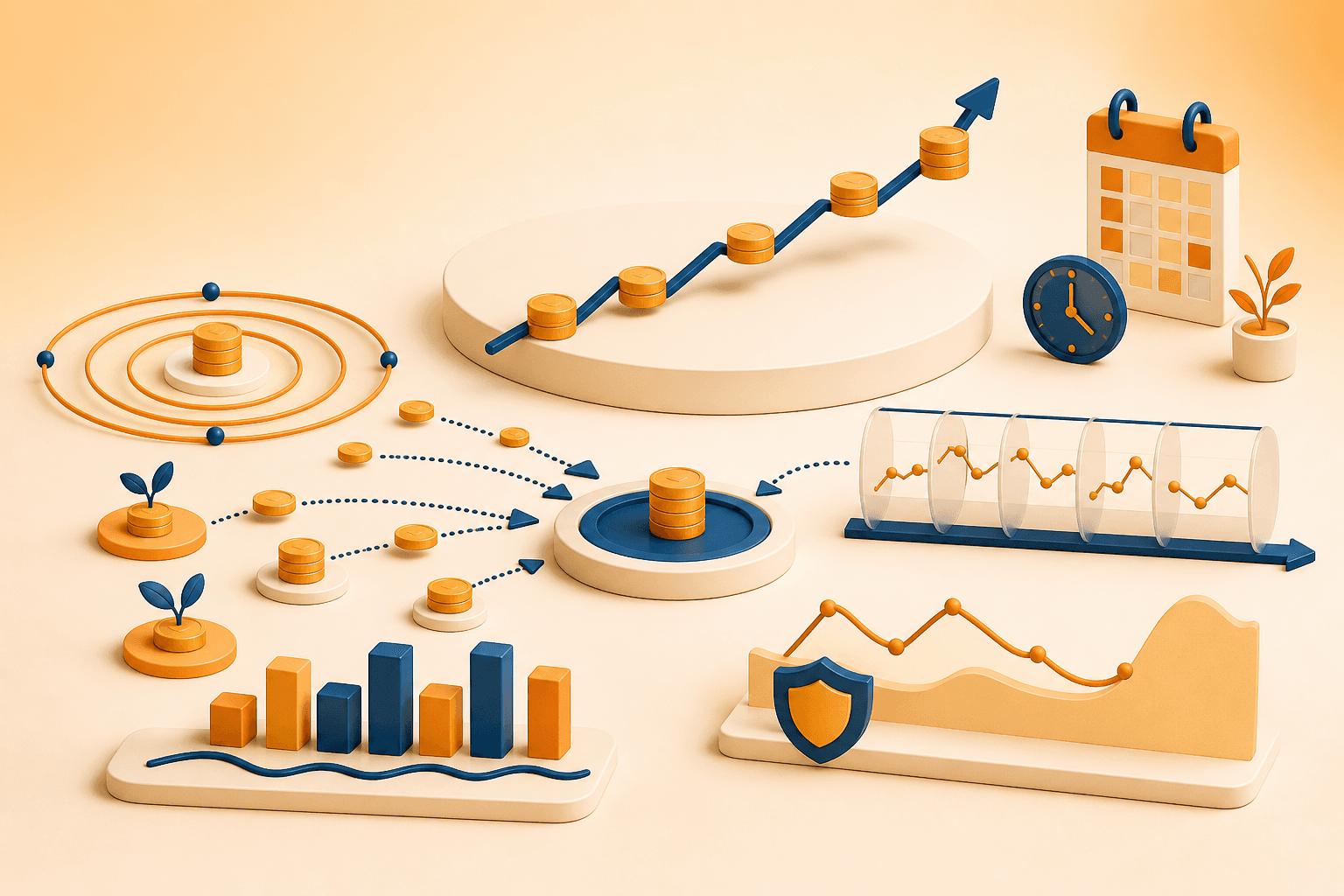 Educational illustration for Alpha, showing investment returns measured across time periods, cash flows, rolling windows, and risk.