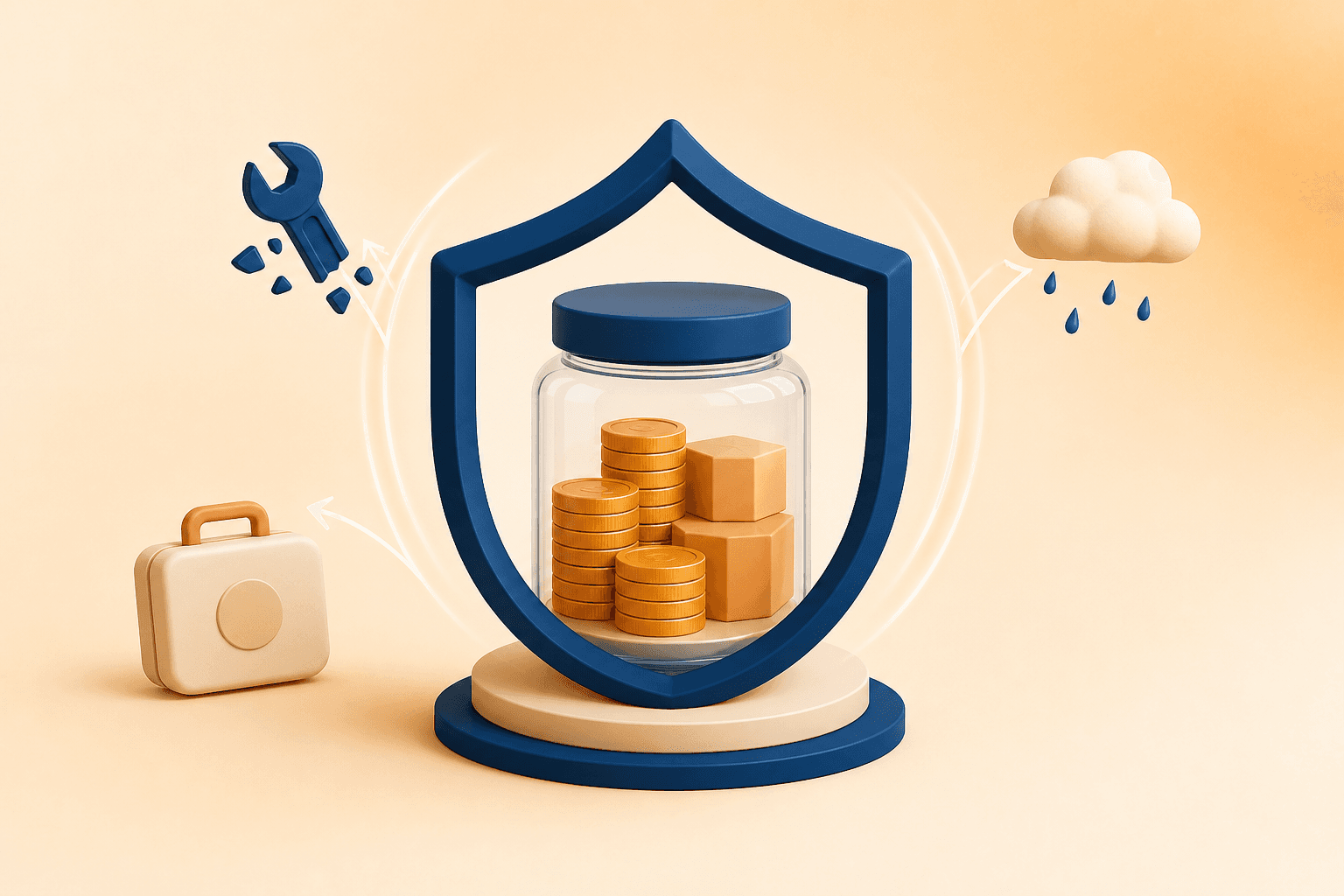 Educational illustration for Emergency fund, showing a liquid reserve protected from unexpected household, health, and weather costs.