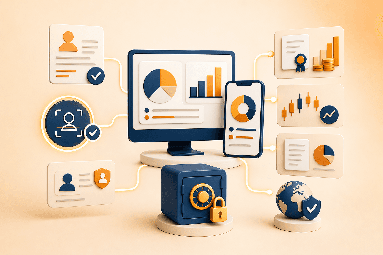 Educational illustration for Demat vs Non-Demat Holding, showing secure investment platforms, identity verification, holding choices, and compliance checks.